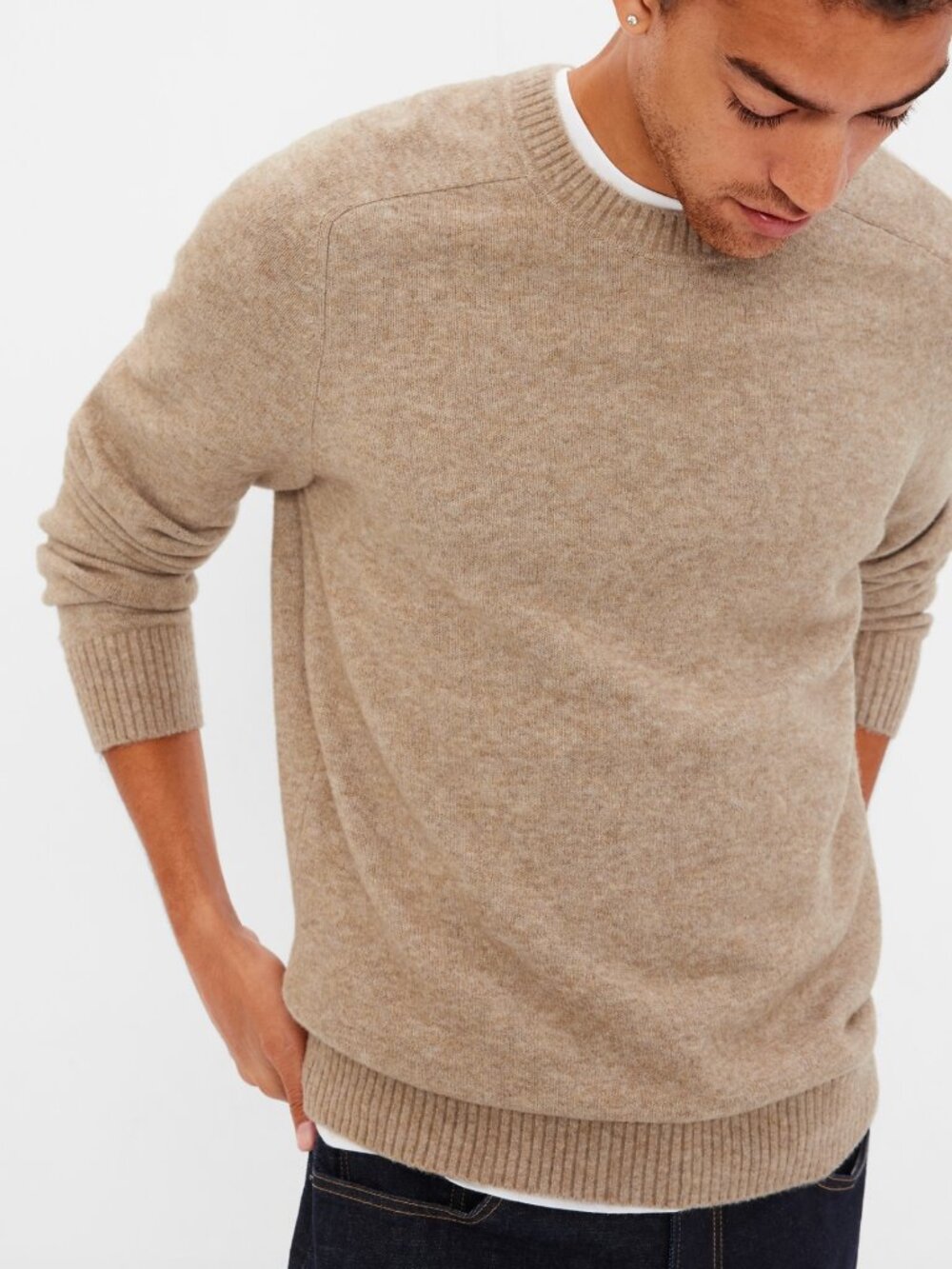 GAP Mens Recycled Crewneck Sweater Tan Brown Heather Heathered Fuzzy ish Knit XL